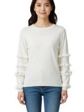 NY Collection Women's XS Ivory Ruffle Sleeve Knit Sweater Pullover NWT $50